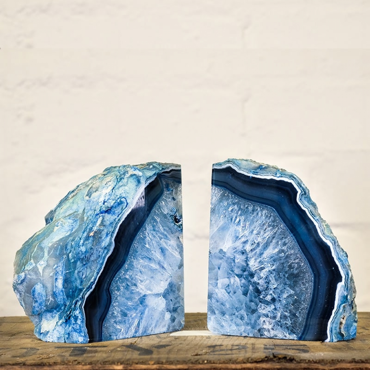 Large Blue Agate Geode Bookend Pair